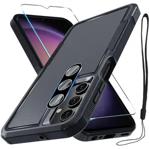 Case for Samsung Galaxy A15 5G, Full Body Heavy Duty Rugged Shockproof Protective Phone Cover with Lanyard Strap, Tempered Glass Screen Protector and Camera Lens Cover, Black Matte