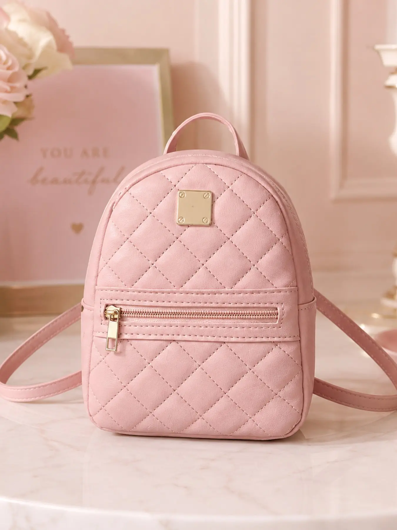 Women's Mini Quilted Backpack, Fashionable Small Daily Bag, Front Zip Pocket, Adjustable Straps, Ideal for Travel and Everyday Use
