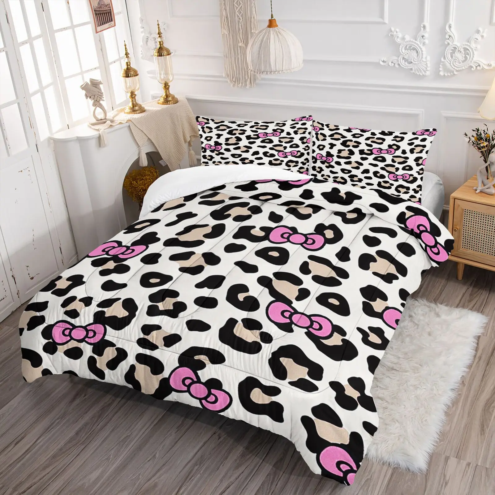 Leopard Print Pink Bow 2/3Pcs Comforter Set, Cute Black White Leopard with Pink Bow Bedding Set‑1 Comforter + 1/2 Pillowcases, Soft U‑Shaped Quilted Comforter for Girls Bedroom Dorm Decor Unique Pattern Bedding