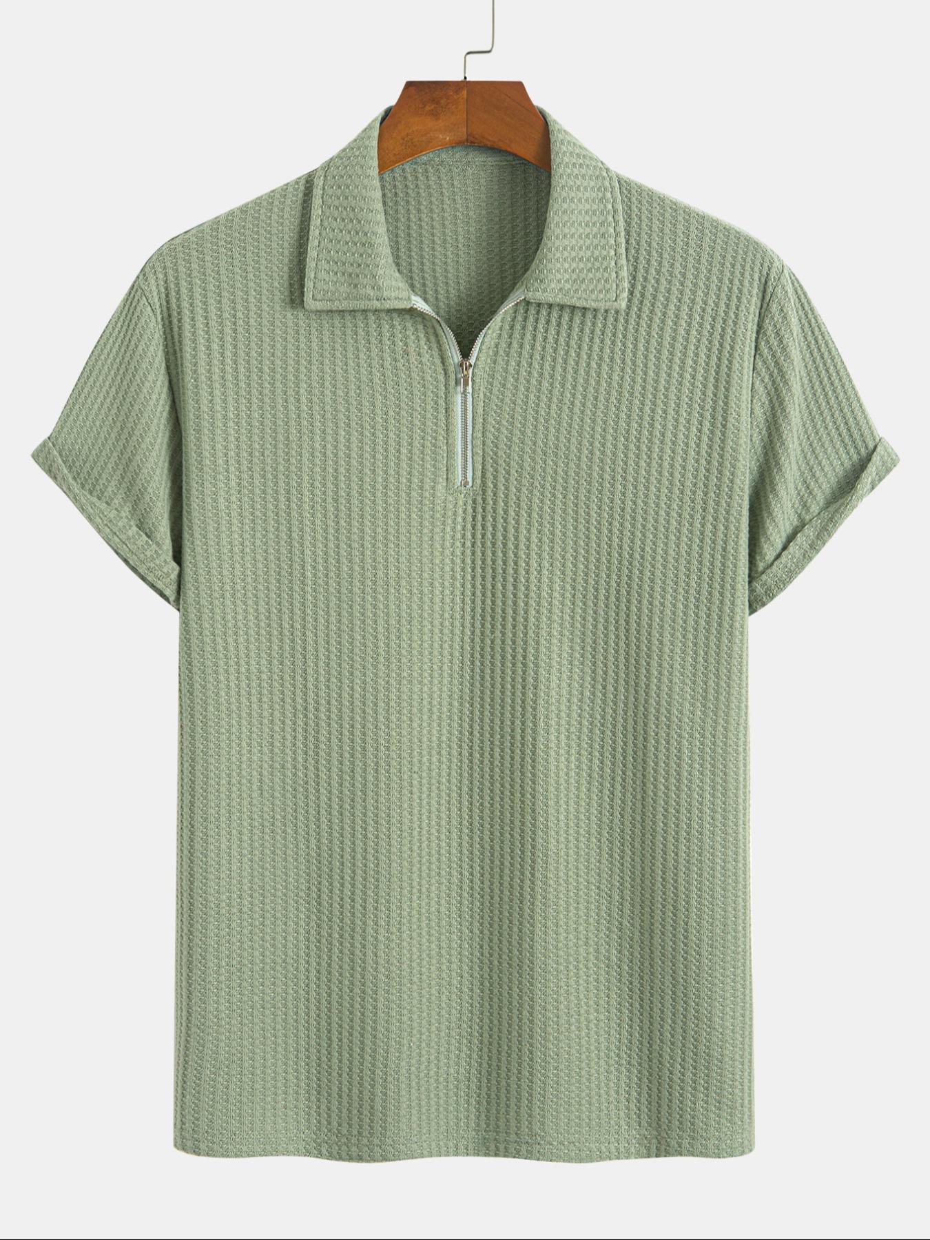 Men's Solid Ribbed Short Sleeve Knitted Polo Shirt, Solid Zipper Polo, Regular Fit Casual Breathable Comfy Top for Summer, Men's Clothes for Daily Wear