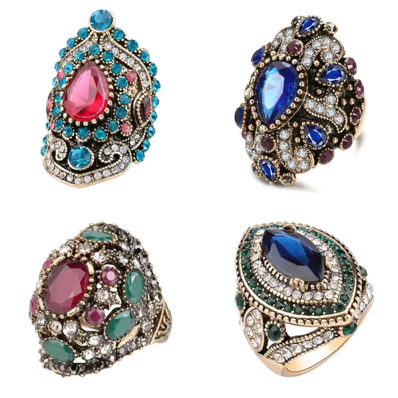 Women's Vintage Gold-Plated Bohemian Ring - Gem-Laden Chunky Retro Gold Accents Ring with Light Luxury High-End Niche Appeal, Vintage Rings, Gem-Laden Rings