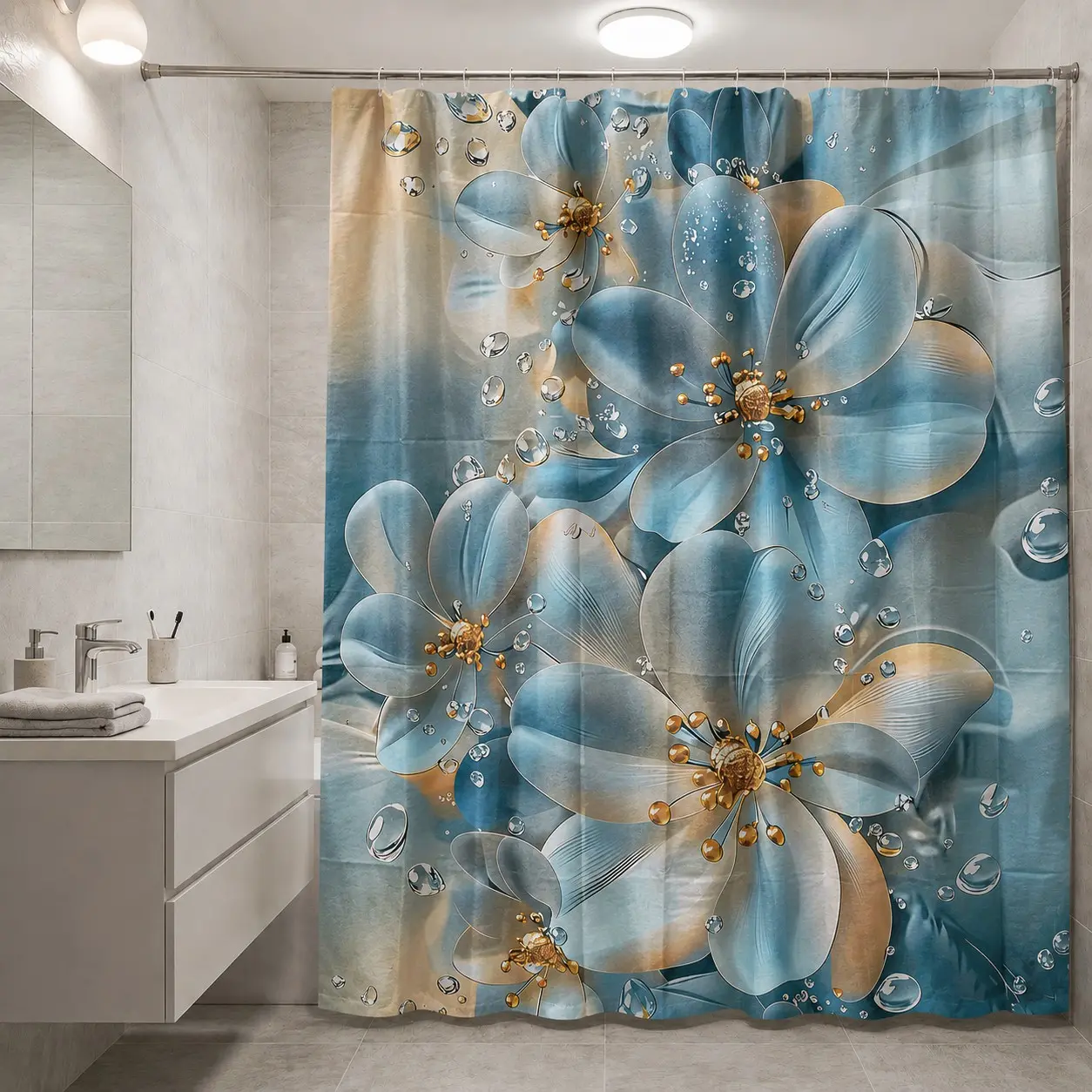 1/4pcs Gothic Angel Pattern Bathroom Decor Set, Bathroom Decoration Accessories, including shower curtain, toilet seat cover, rectangular bathroom mat, and U-shaped mat, comes with 12 shower curtain hooks