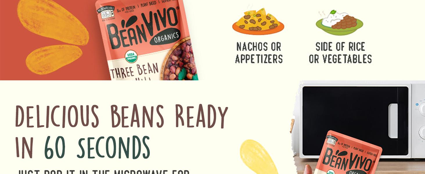 BeanVIVO (6) Organics Plant based Protein Three Bean Vegan Chili  Good Source Fiber  Nutritious  Microwave Meal  GlutenFree Plant Food  10 OZ