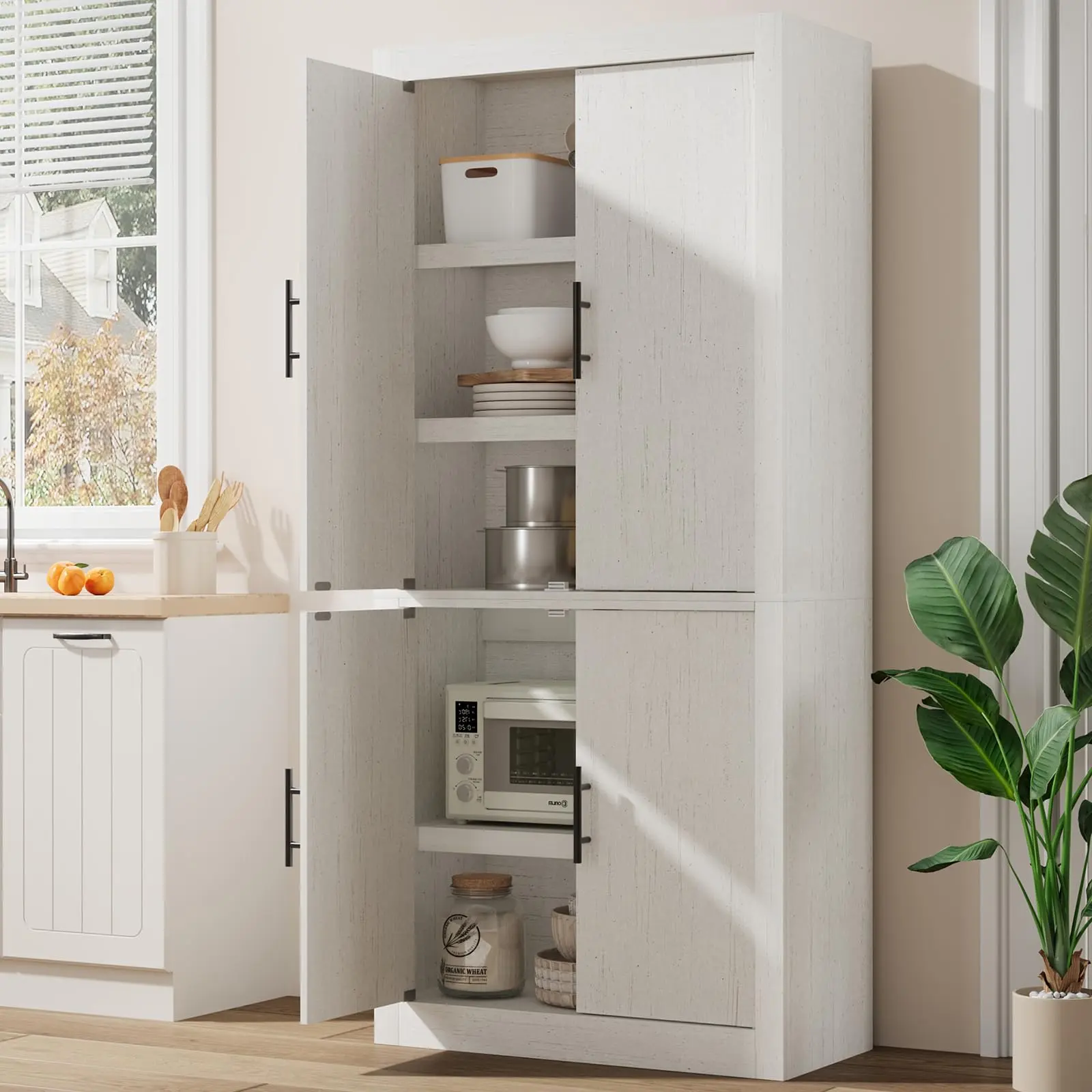 Farmhouse Tall Kitchen Pantry Cabinet - 70.5" Freestanding Rustic White Wooden Storage Cupboard with 4 Doors - Adjustable Shelves, Large Organizer for Kitchen, Dining Room, or Office