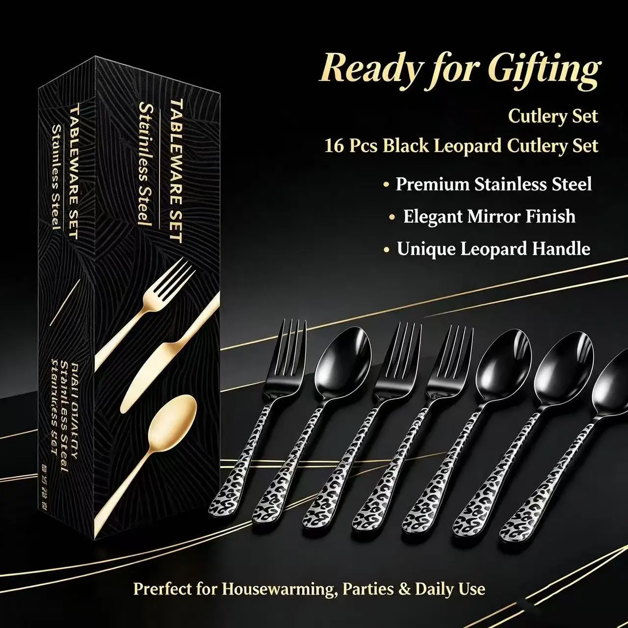Leopard Print Stainless Steel Flatware Set of 16 Pieces, Elegant Western Style Cutlery Gift Box for Home, Durable and Stylish Dining Utensils