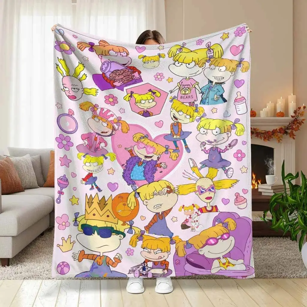 Cartoon Girl Flannel Blanket Retro 90s Pink Hearts Floral Pattern Soft Cozy Lightweight Bed Sofa Travel Dorm Gift for Teens Friends Birthday Home Decor