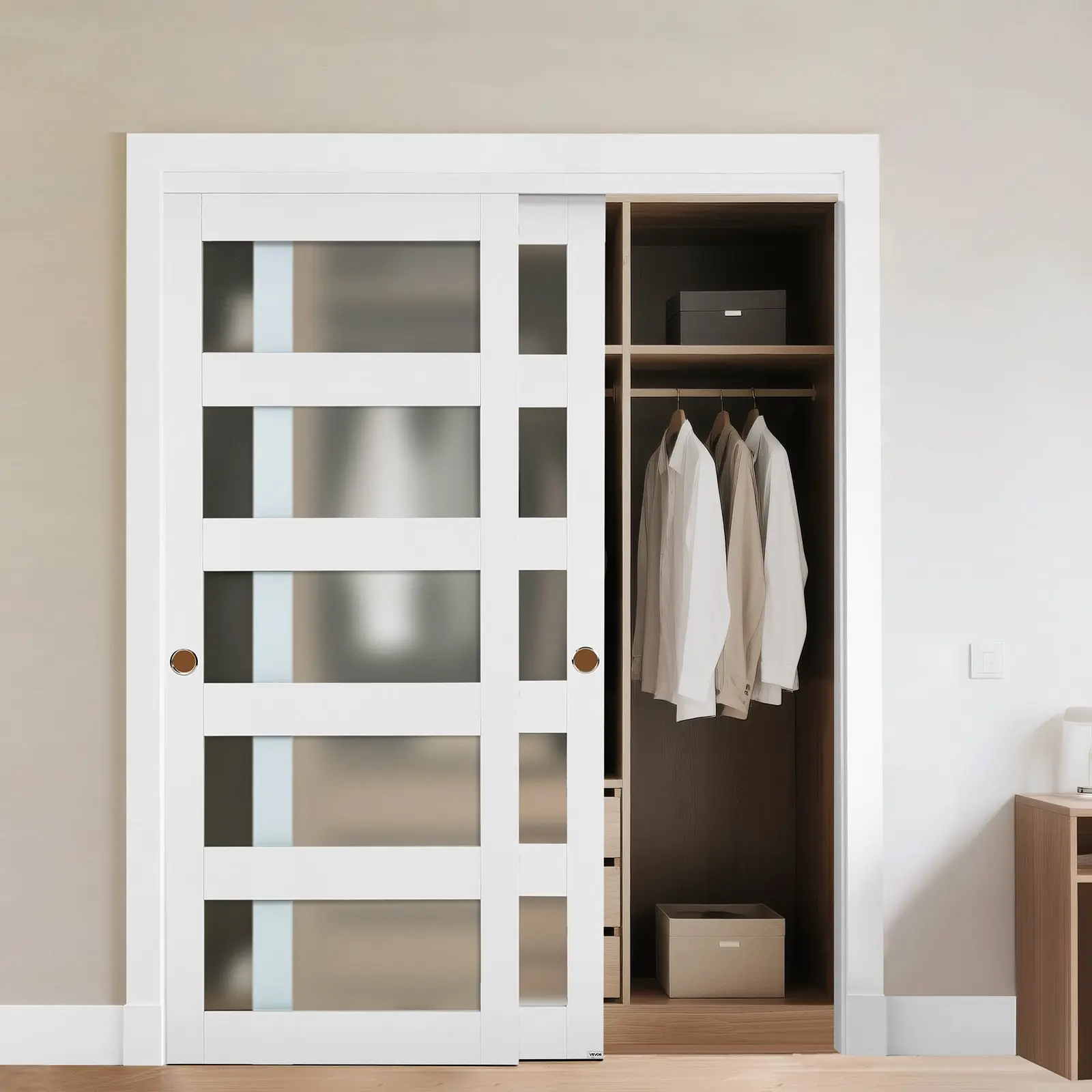 【Summerfinds】VEVOR Sliding Closet Door, 60"(Double 31")x80" 5-Lite Frosted Glass Bypass Door with Hardware Kit & Floor Guide, Solid Wood MDF Slab with Waterproof PVC Surface for Closets, Bedrooms, Sliding Door