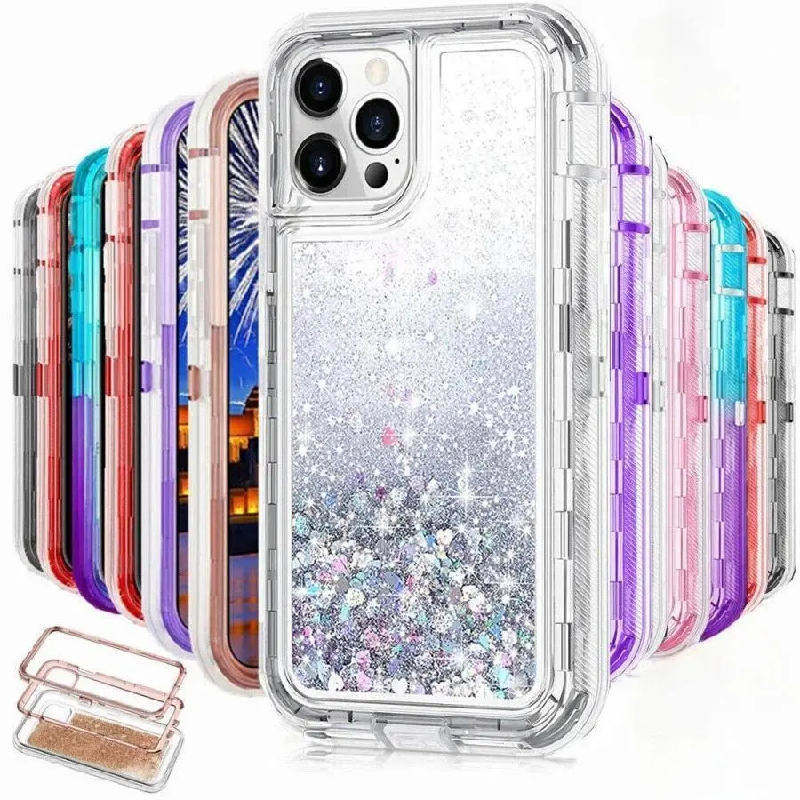 3-in-1 TPU Plastic-Rubber Quicksand Liquid Flash Glitter Heavy Duty Shockproof Scratch Resistant Smartphone Case for iPhone 16,15,14,13,12,11 Pro Max,XS,XR,8 Plus - Mobile Phone Accessory