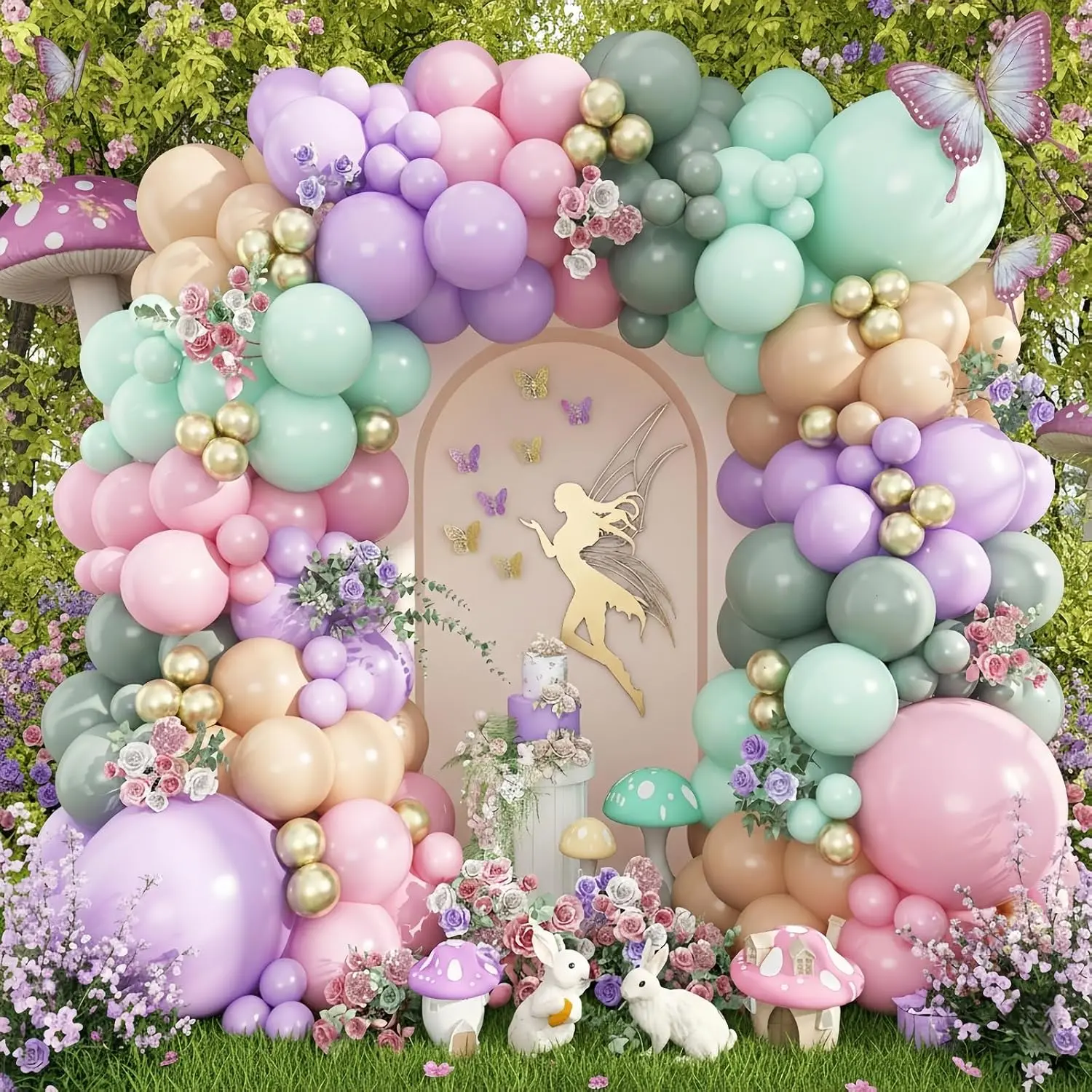 Synthetic Durable Thick Metallic Fairy Balloon Arch Garland Kit (125-Count) - Knot Tool, Floral Tape, Butterfly Accents Included - Girls' Party Decor for 1st Birthday Enchanted Forest, Floral Bridal Shower Events