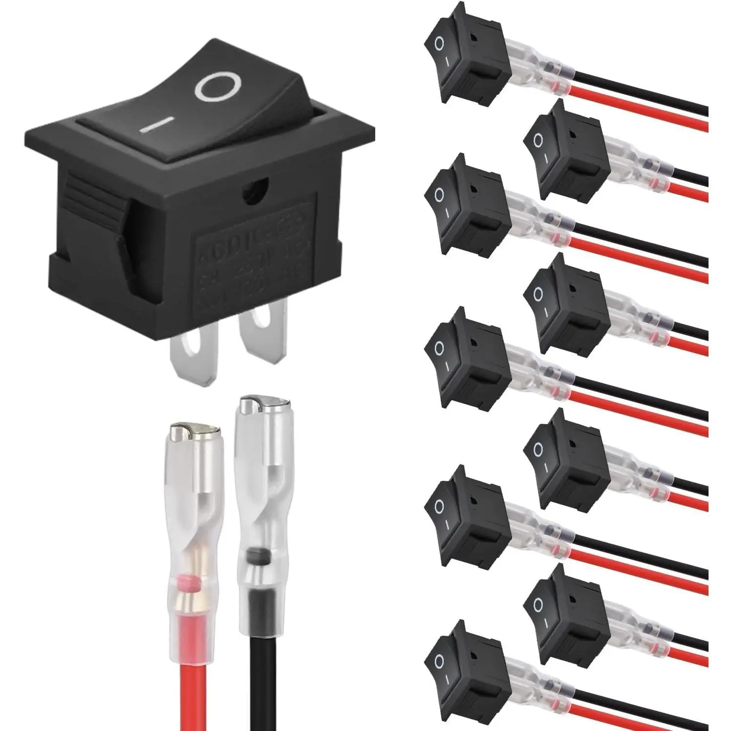 Nilight 10PCS Mini ON/OFF 2-Pin SPST Rocker Switch Kit Pack, 12V 20A/10A 125V Toggle Switch with 20PCS Wires, KCD1 T125, Copper-Plated Silver Contacts, Silver-Plated Terminals, Impact & Heat Resistant, Snap-In Design, ABS+PC, for Car, Household Appliance