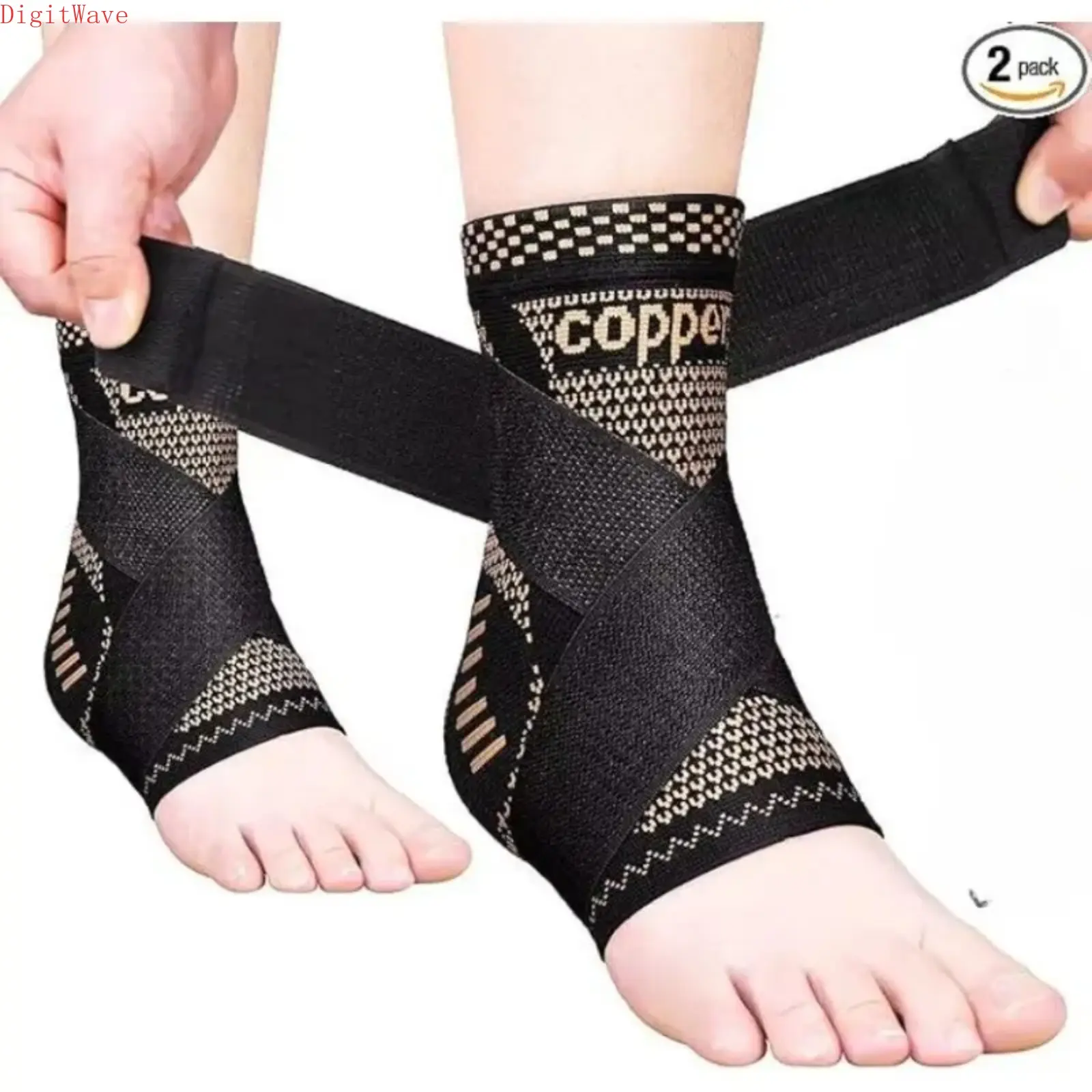 2PCS Adjustable Copper Ankle Compression Sleeves - Support for Achilles Tendonitis, Plantar Fasciitis, Sprained Ankle, Swelling Relief (Pair), Sports, Athletic, Foot, Lightweight Flex