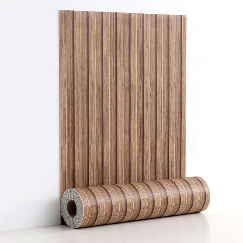 A roll of wood-grain pattern decorative wallpaper - self-adhesive foam striped wallpaper, Striped Wallpaper Peel And Stick - suitable for bedrooms, living rooms. Self-adhesive wood-colored striped wall panel - used for TV background walls