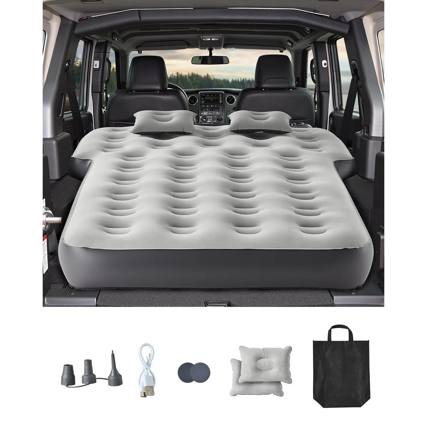 VEVOR PVC Inflatable Airbed, Multi-Purpose Rear Seat Bed for Toyota 4runner & Jeep Wrangler, Flocked Thick Portable Camping Bed with Built-In Pump & 2 Pillows, Gray Outdoor Camping Supplies