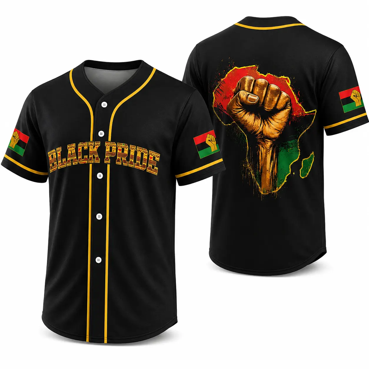 Black Pride Graphic, Unisex Baseball Jersey Shirt, Black Gold Trim,Lightweight Polyester Button Up Top for Men & Women, Summer Festival, Party Wear, Streetwear & Daily Casual Style，fashion men clothes ，clothes,outfits,men'swear,men fashion