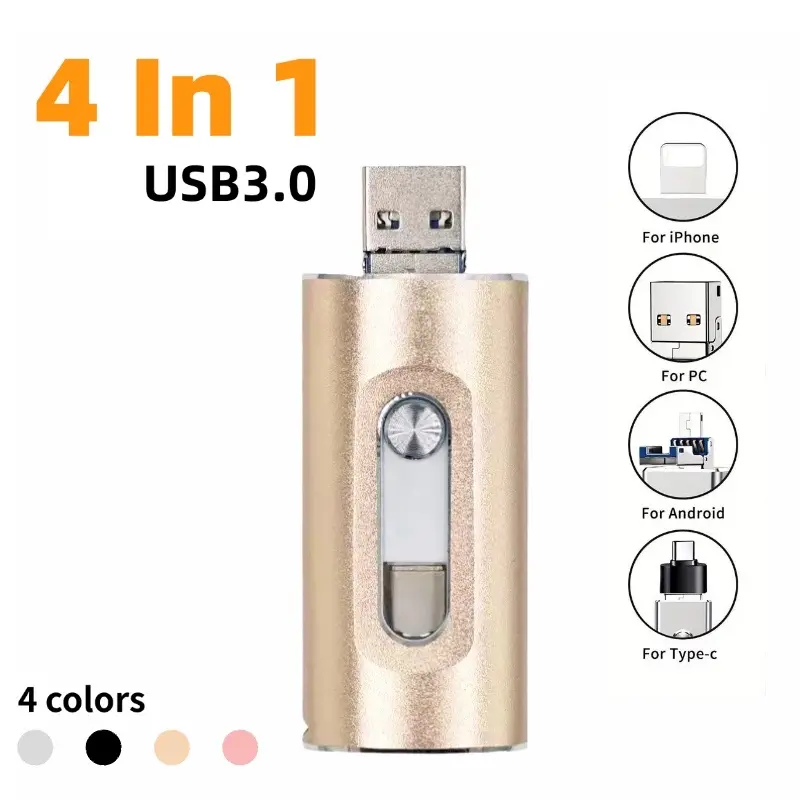 4-In-1 USB Flash Drive 128GB, Portable Photo & Video Storage Stick, Compatible with iOS Android PC, No APP Needed, High-Speed Data Transfer