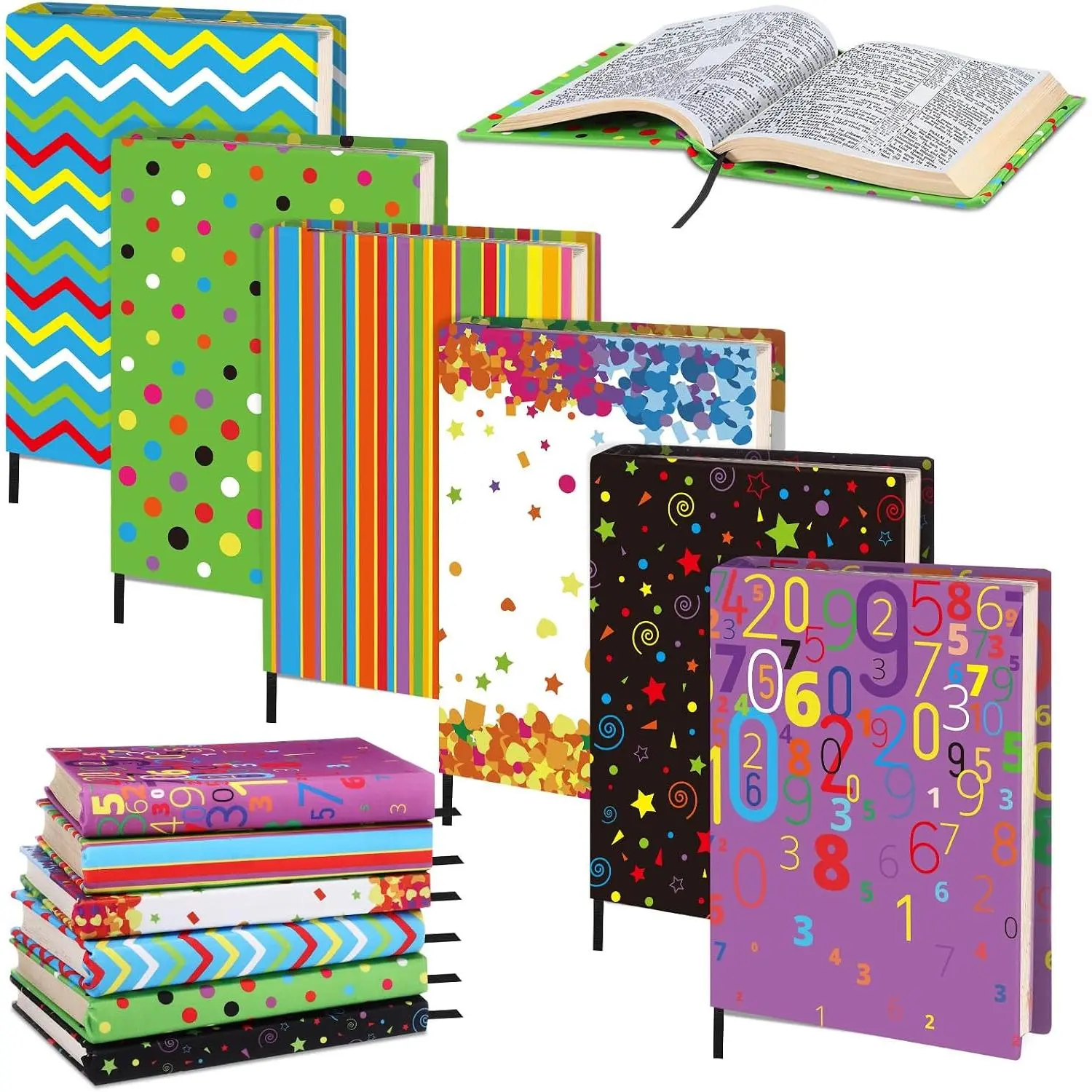 6-Pack Stretchable Fabric Book Cover Set, Washable Sleeves for 6-9in Textbooks, Paperbacks & Hardcovers - Geometric Bright Design for Protection and Care