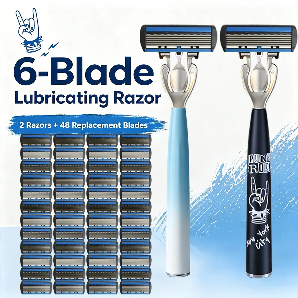 Punk Cool Gradient Men's Manual Razor Set, 2 Non-Slip Handles, 48 Replacement Blades, Sharp Thin Blades, Lubricating Strip, Dry Wet Shave, Smooth