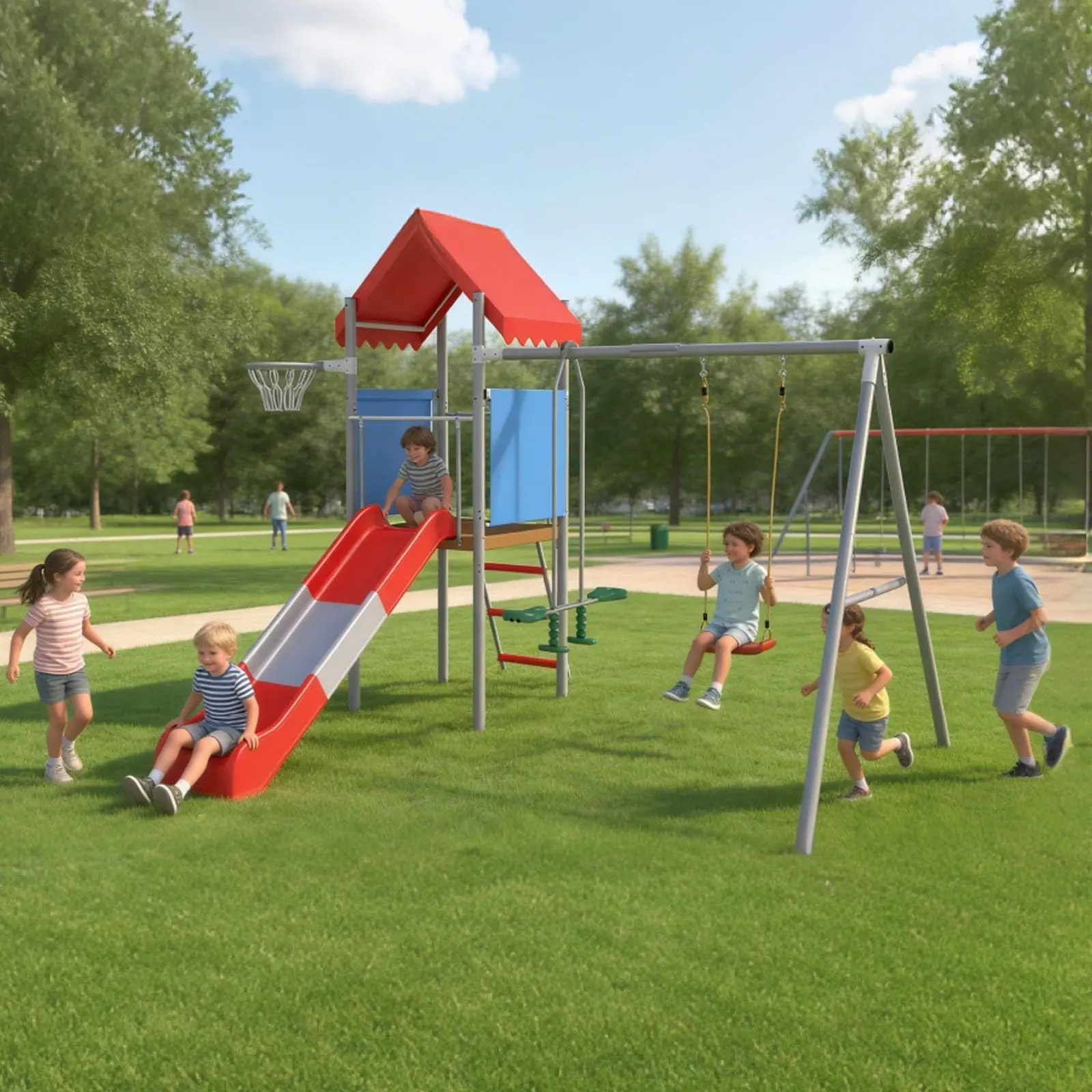Heavy-Duty Kids Backyard Swing Set with Slide & Play Deck - Metal Frame, Basketball Hoop, Pendulum Swing, Outdoor Playground Equipment for Children