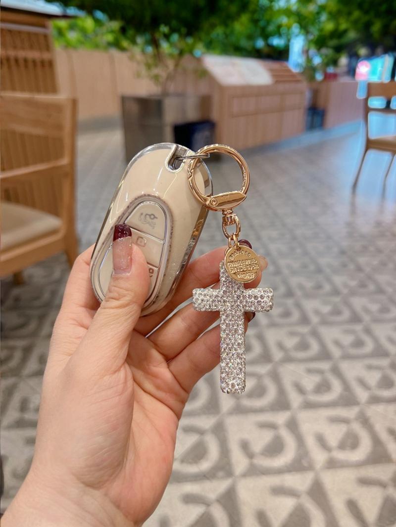 Cross Keychain with Rhinestones, Trendy Unisex Car Key Ring Pendant, Cute Handmade Style Charm, Stylish Bag Accessory for Keys, Backpack, Purse & Everyday Carry