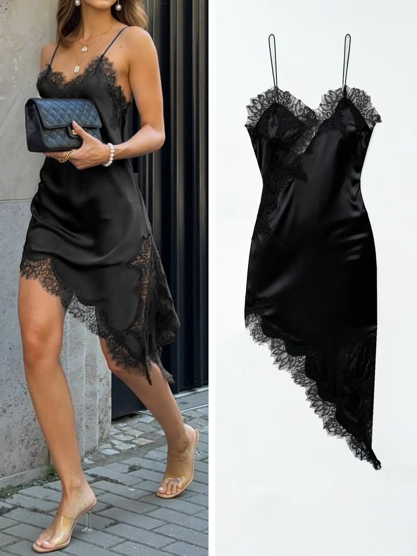 Black Satin Lace Trim Slip Mini Dress Women Deep V Spaghetti Strap Irregular Asymmetrical Hem Dress Sexy Clubwear Evening Party Night Out Dress Elegant Chic Bodycon Summer Going Out Fashion