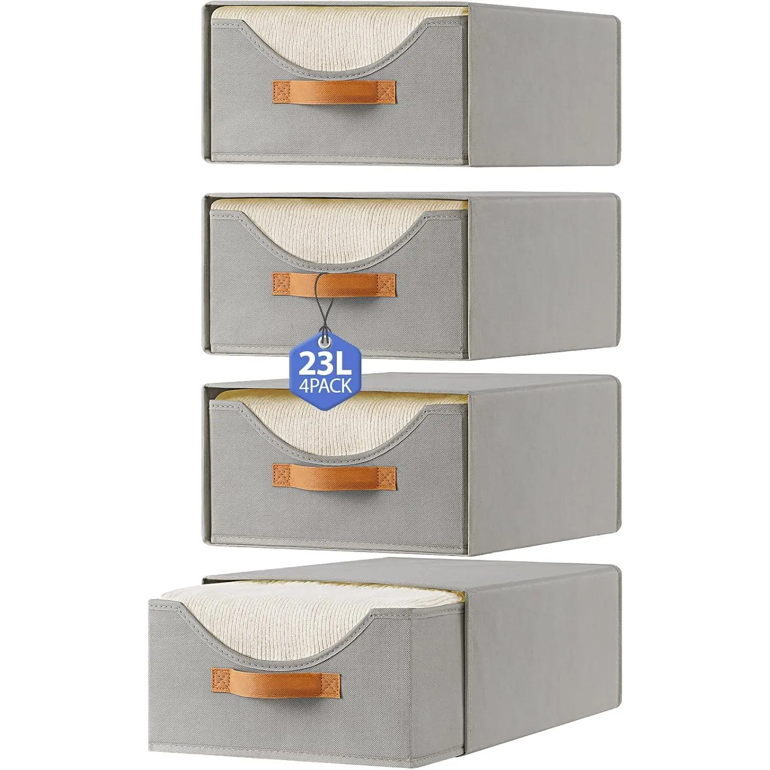 4 count 16.5" Closet Drawers and Large Size Clothes Storage Bins Push-Out Storage Stackable Shelf Drawers with See-Through Window Closet Organizers for Bedroom, Living Room, Under Bed, Grey