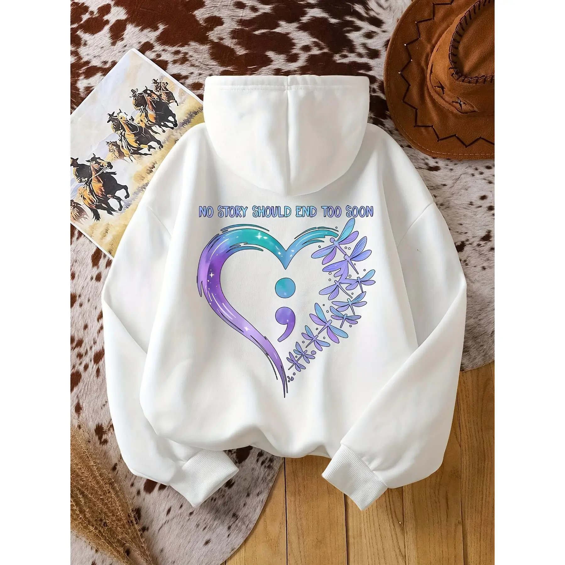 's Mental Health Awareness Hoodie - Semicolon & Dragonfly Heart Suicide Sweatshirt with 988 Crisis Hotline Design, White Purple Blue Ribbon Symbol, Cozy Fall/Winter Casual Wear, Pocket (Machine Washable) for