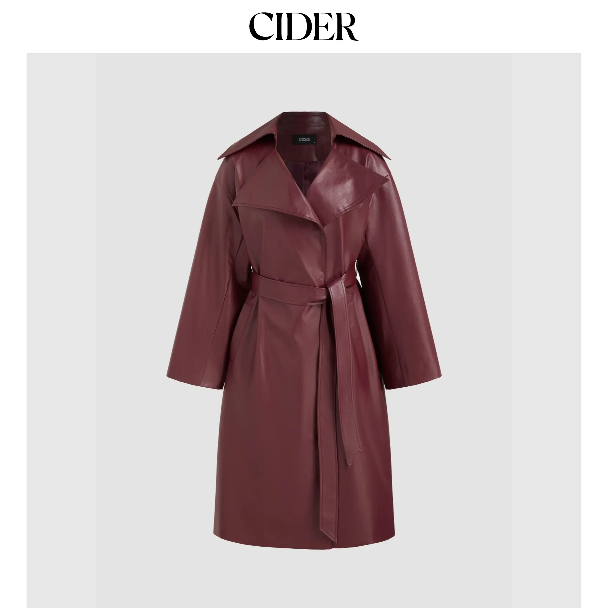 Cider [size 2-10] Faux Leather Collar Solid Pocket Trench Coat With Belt