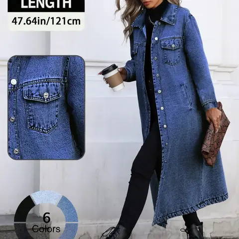 Women's Button Front Denim Coat, Fashion Casual Outerwear, Jean Coat, Elegant Casual Long Sleeve Denim Jacket for Spring & Fall, Women's Clothing for Daily Wear