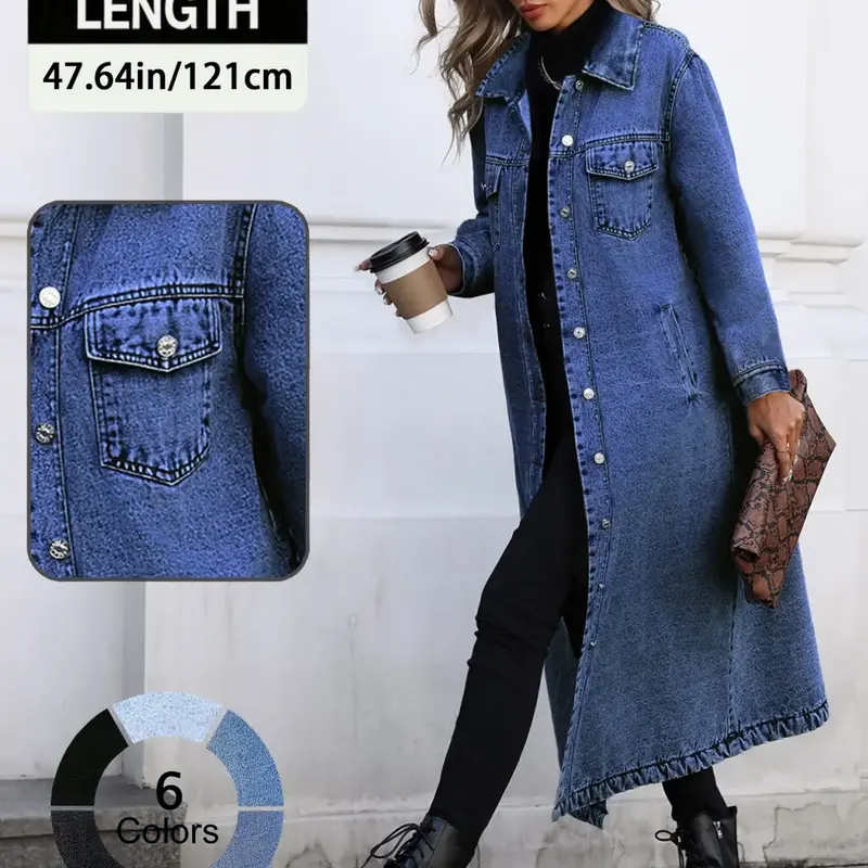 Women's Button Front Denim Coat, Fashion Casual Outerwear, Jean Coat, Elegant Casual Long Sleeve Denim Jacket for Spring & Fall, Women's Clothing for Daily Wear