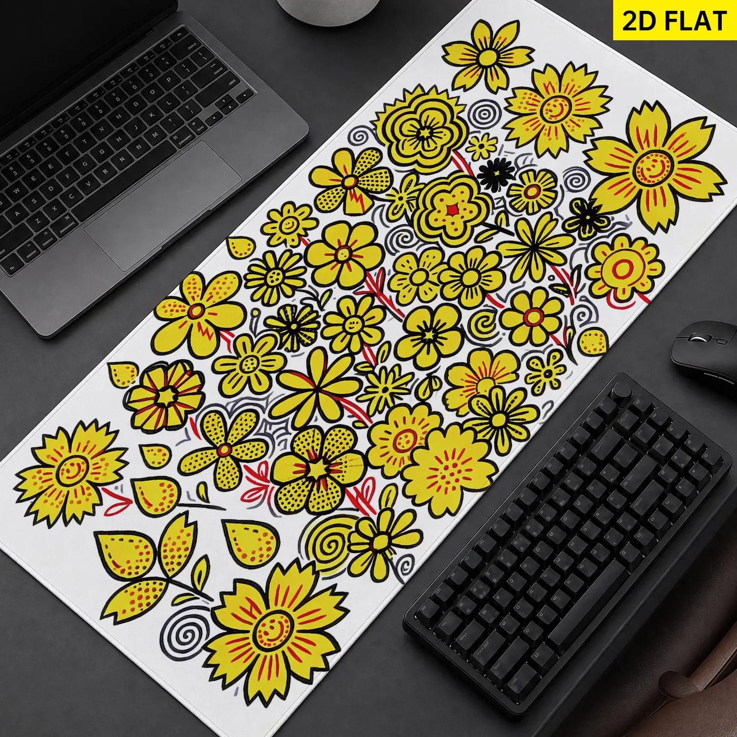Extra Large yellow floral doodle art Mouse Pad,Non Slip Rubber Pad,Desktop Decoration Drotection Pad,Washable,Lock Edge Multi Size,Premium Multipurpose Mousepad For Home,Office,Gift for Family and Friends