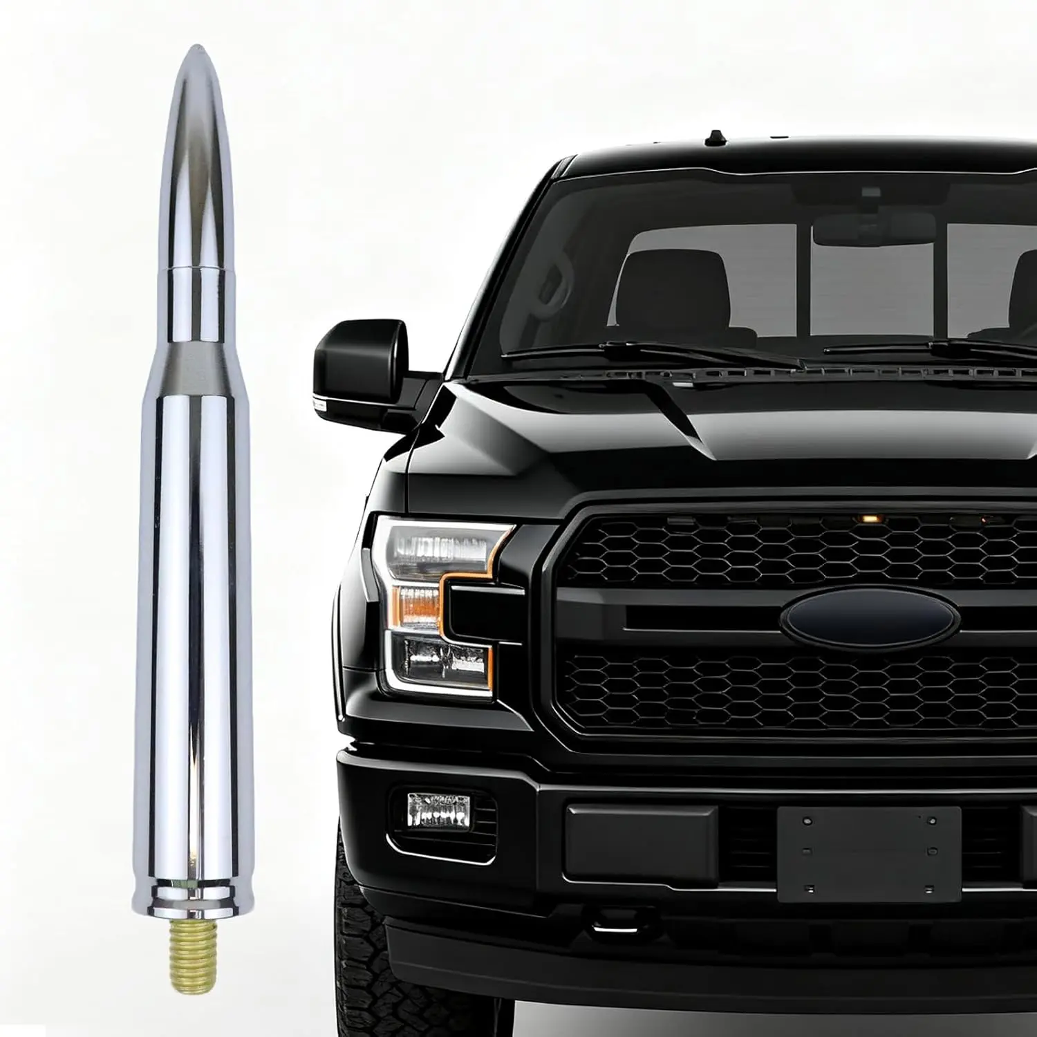 5.5in Hard Anodized Impact Resistant Metallic Aluminum Alloy Bullet Car Antenna - 50 Cal Fittings, Tool-Free Easy Installation, Hood Mount, Fits Ford F150/F250/F350 Raptor, Dodge RAM 1500-3500, Chevrolet Silverado, GMC Trucks, Many Hood Antenna Trucks