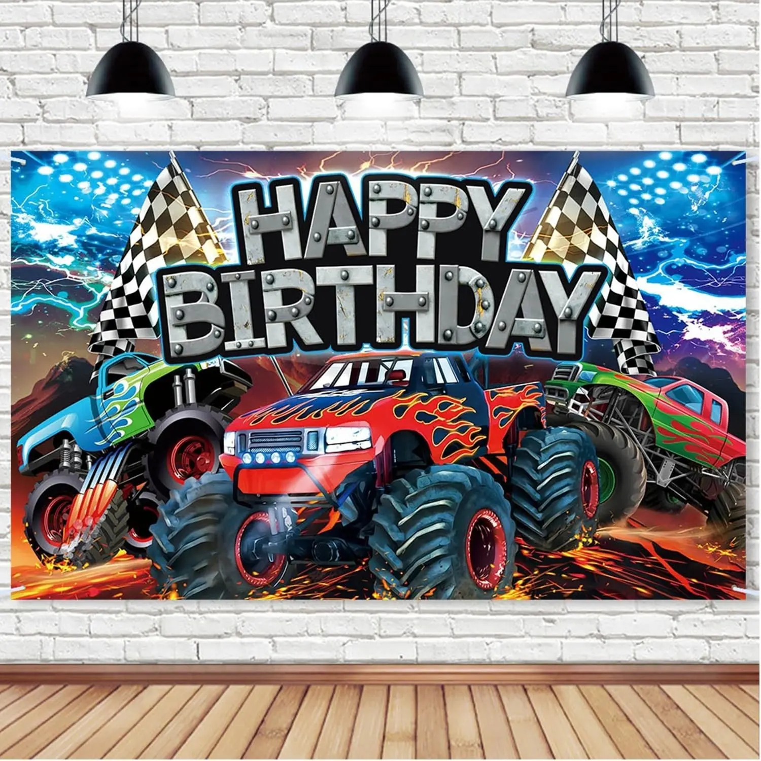 Monster Truck Birthday Background, Truck Theme Party Decor, Happy Birthday Banner, Monster Car Photography Backdrop, Home Party Decoration