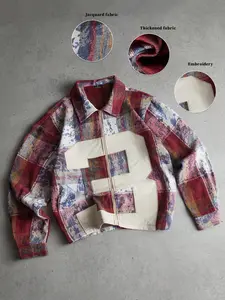 American Vintage High Street Plaid Jacquard Jacket, Color Block Large 23 Patched Lapel Zipper Coat, Unisex Outerwear