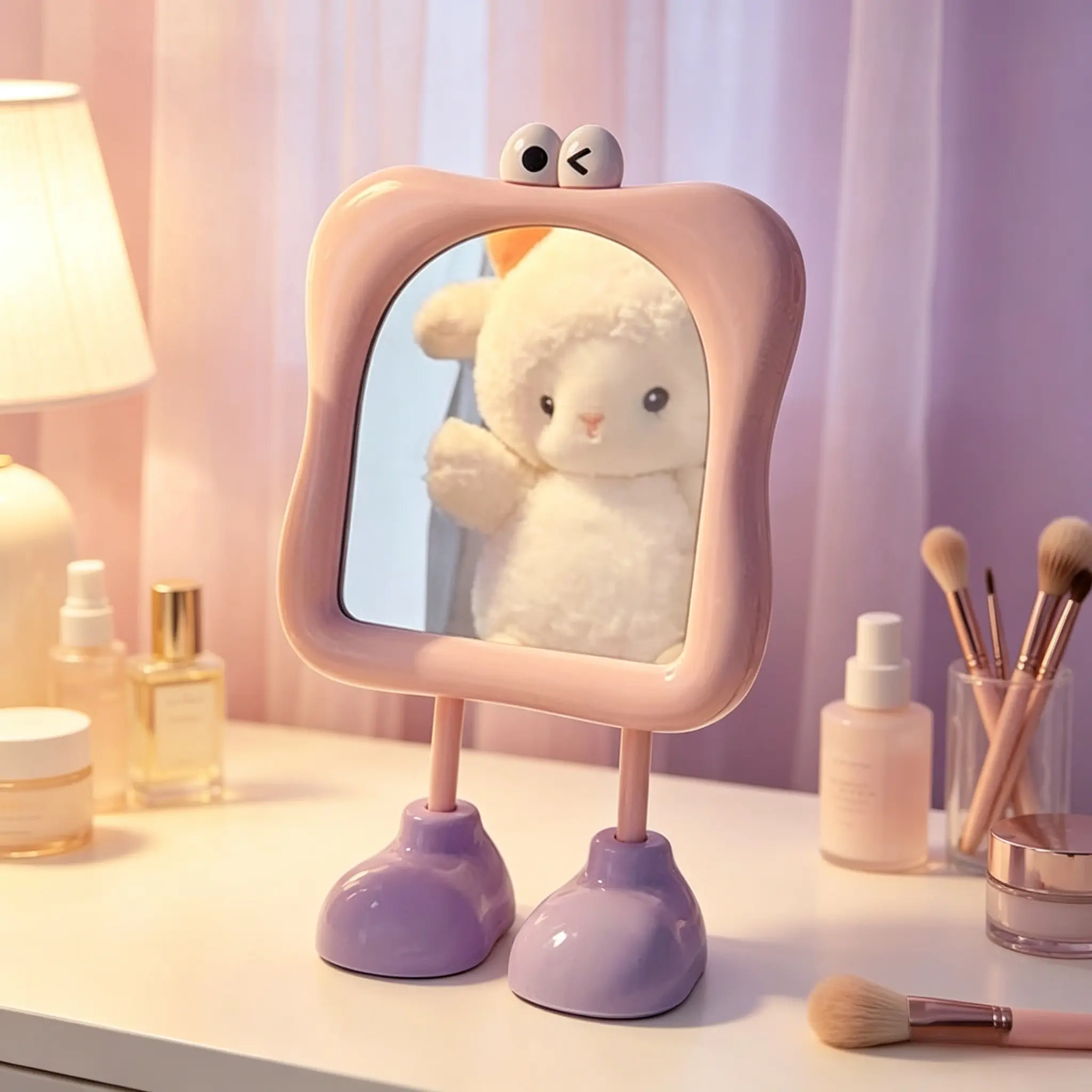 Girly cartoon bigfoot makeup mirror with lovely eye detail & integrated non-slip stand, 180° tiltable mirror surface, iconic selfie mirror. Instagram-worthy compact design ideal for dorm desks, bedroom vanities and travel touch-ups for young girls.