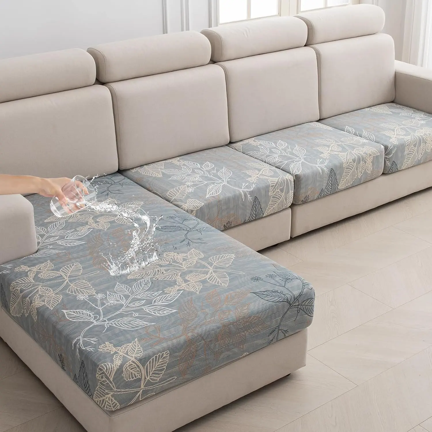 Waterproof Couch Cushion Covers for Sectional Sofa L Shape Stretch Separate Seat Cushion Cover Washable Chaise Lounge Sofa Slipcover Furniture Protector (2 Seats Covers + 1 Chaise Cover, 06)