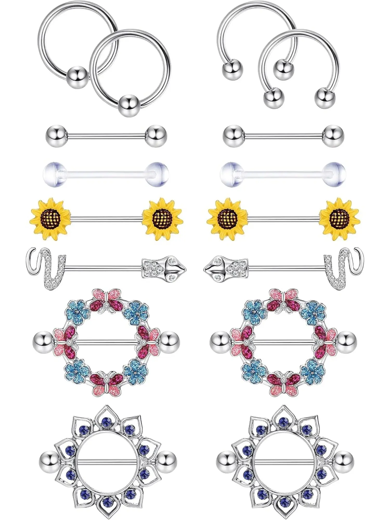 8Pcs Women Cute 14G Surgical Steel Nipple Ring Bundle, 14MM Inner Diameter Hoops Inlaid CZ Flower Butterfly Snake Daisy Body Piercing Jewelry