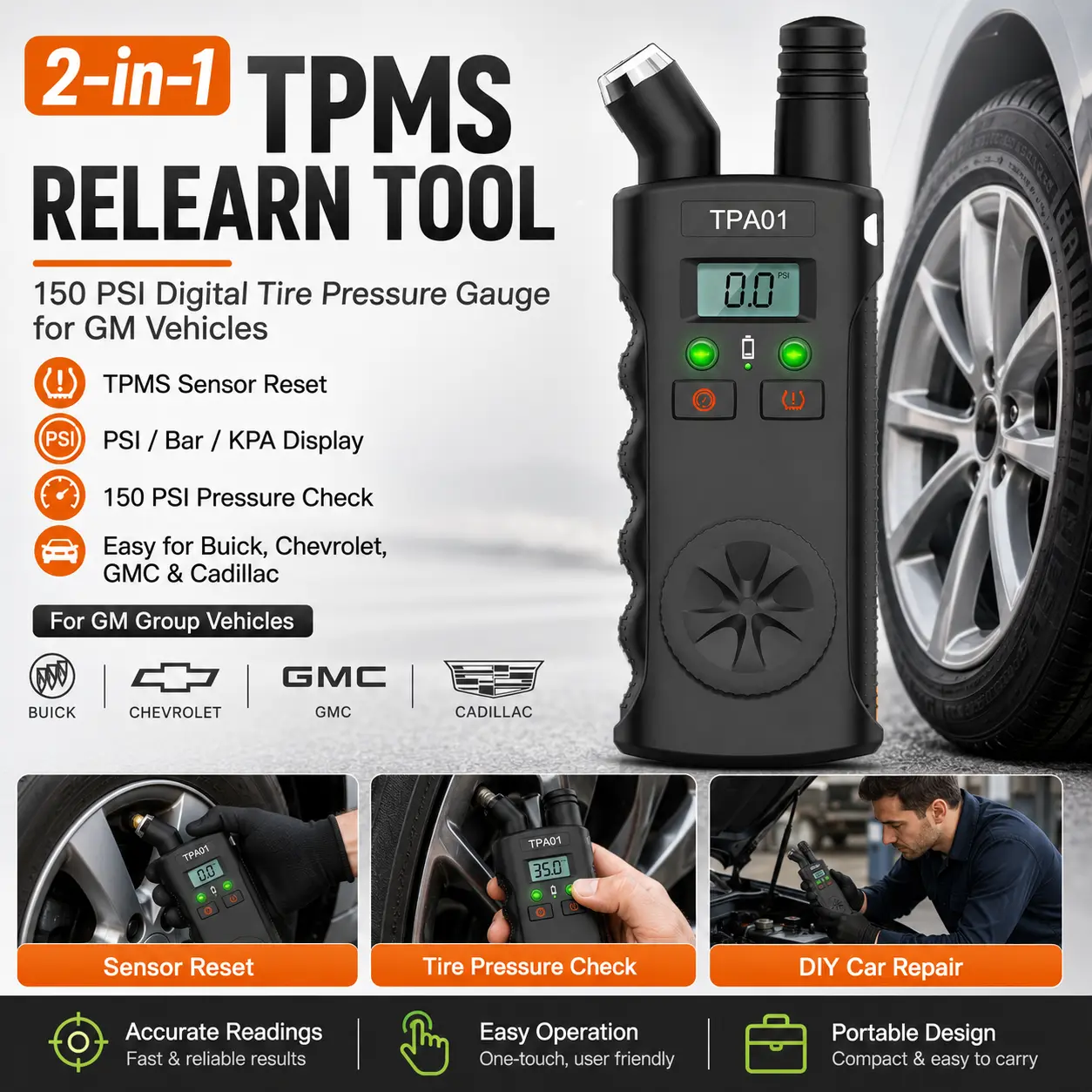 Compact 2-in-1 TPMS Relearn & 150 PSI Digital Tire Pressure Gauge (TPA01) for GM Vehicles - Dual Function Sensor Reset & Tire Check Tool with PSI/Bar/KPA Display for Buick, Chevrolet