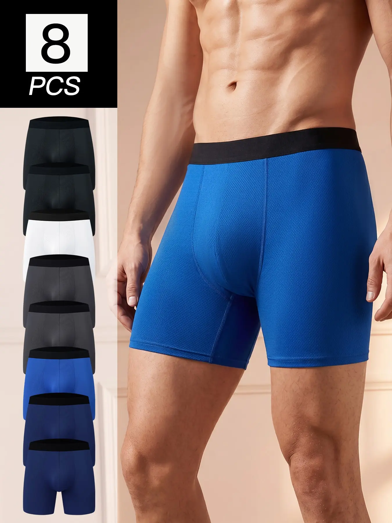 8-Pack Men’s Solid Mesh Boxer Briefs, Long Leg Breathable Quick Dry Underwear, Big and Tall Stretch Trunks for Workout Travel All Season Wear