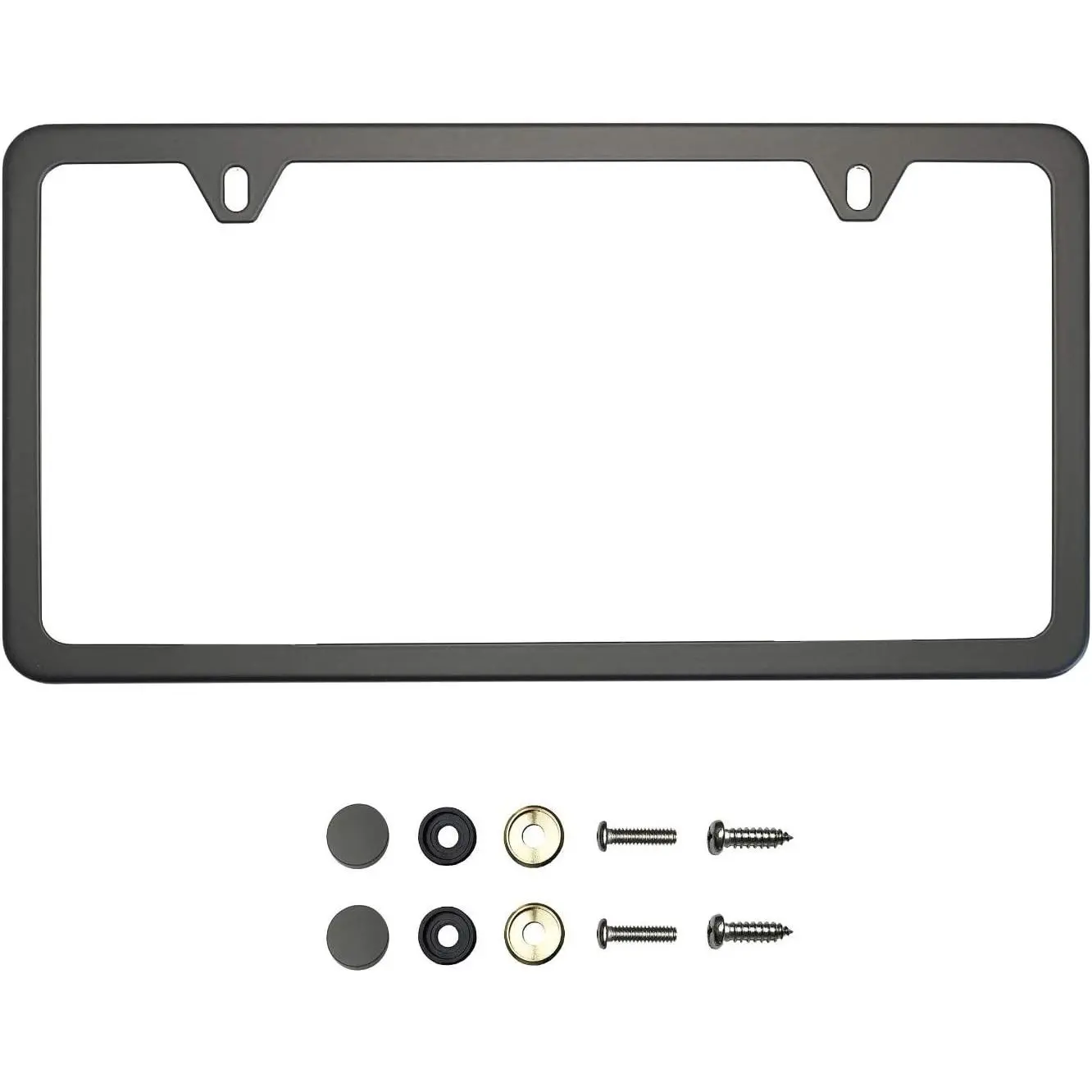 Slim Matte Black 2-Hole License Plate Frame, T304 Stainless Steel with Metal Screw CapsGift