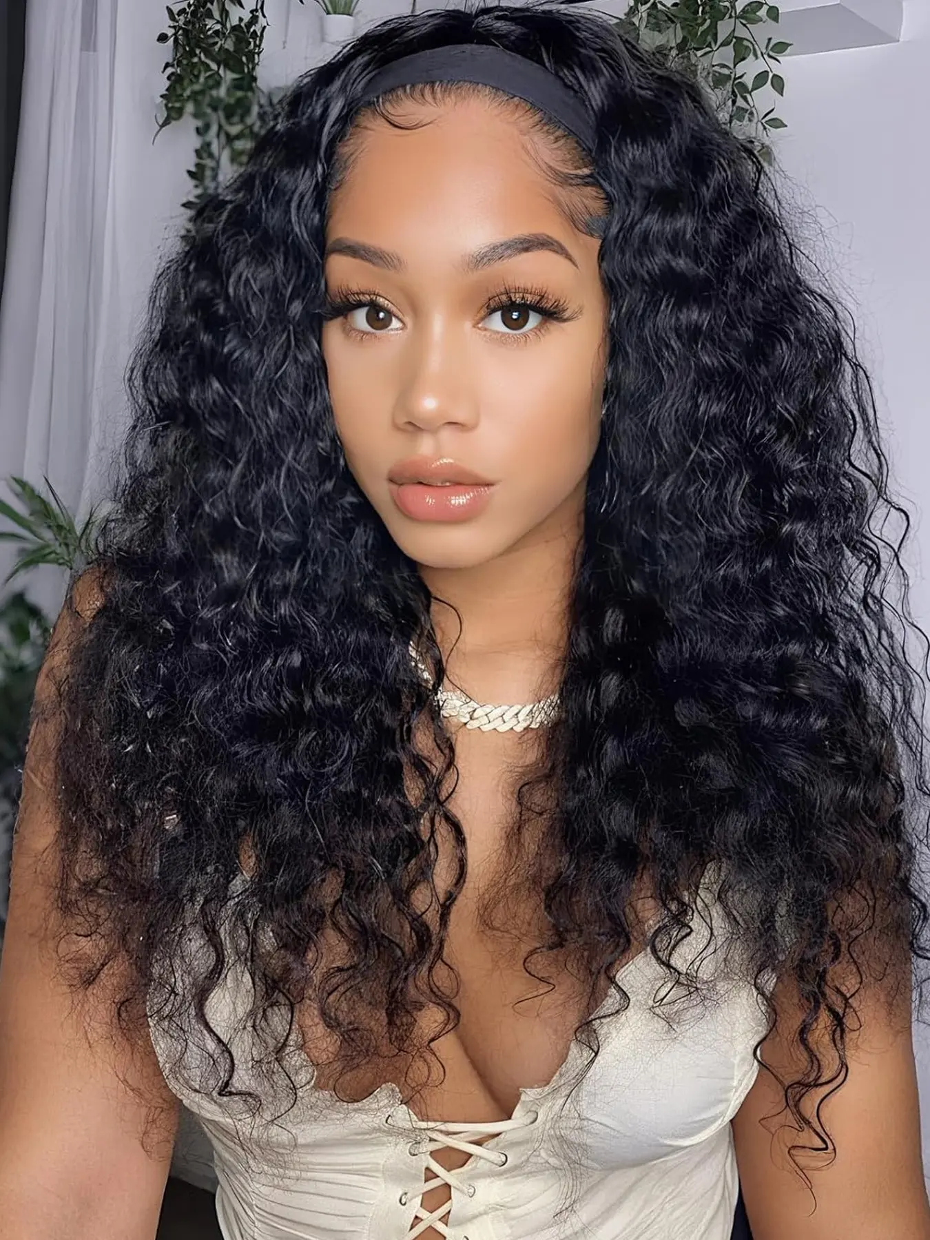 Deep Wave Headband Wig Synthetic Glueless No Lace Curly Wigs For Women Daily Wear Fluffy Effortless Wig
