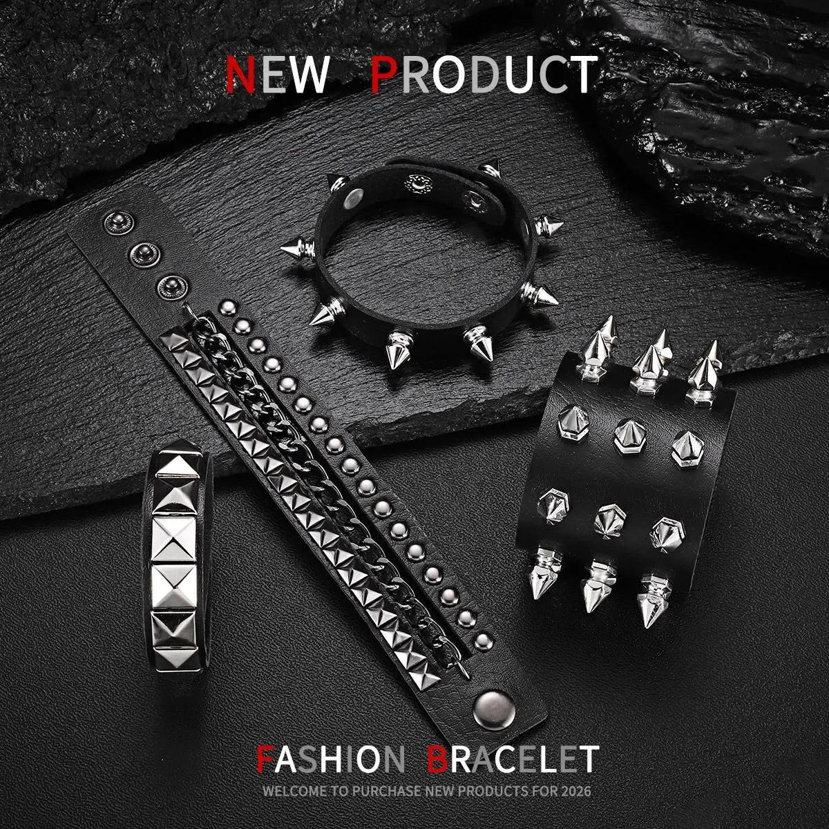 4PCS Punk Gothic PU Leather Bracelets Set Vintage Black Goth Cuff Bracelet 304L Stainless Steel Spike Studded Cuffs Wristband Adjustable Chic Spiked, Studded, Chains Rock Edgy Emo Accessories Heavy-Duty Bracelets