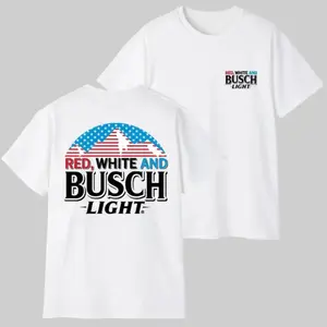 Vintage Washed Oversized Unisex Cotton Crewneck T-Shirt, Busch Light Red White Blue Patriotic USA Flag & Mountain Beer Graphic Tee, Trendy Casual Streetwear Outfit, Ideal Apparel for Fourth of July Holiday, Backyard BBQ