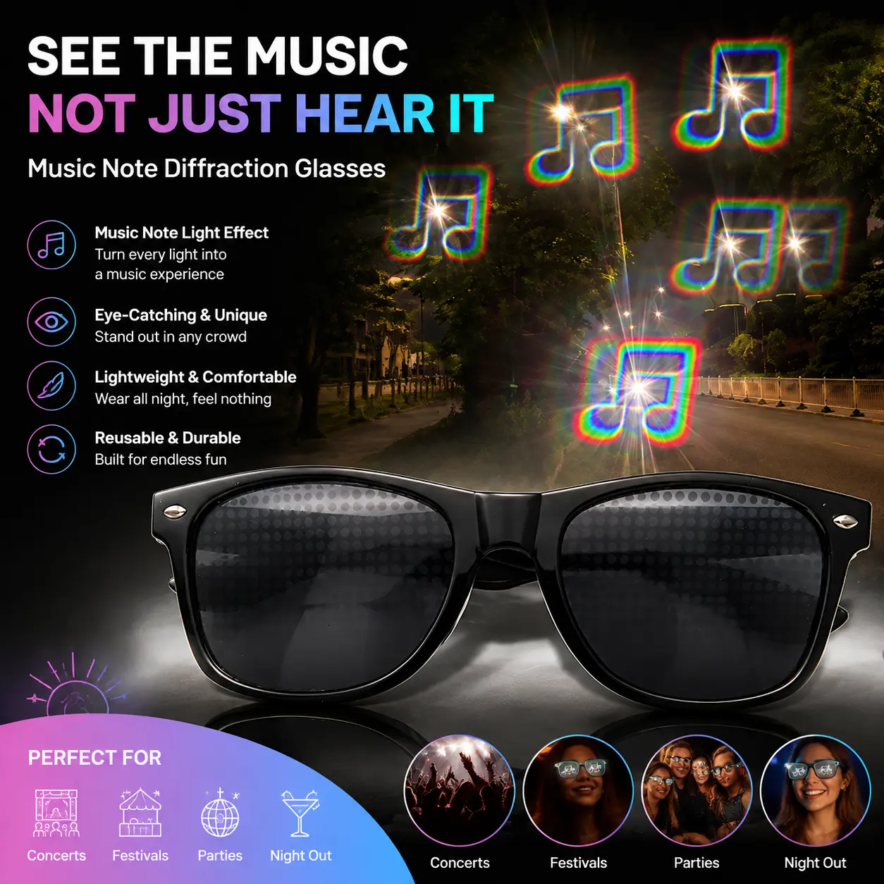 Magical Diffraction Glasses - ABS Frame Rainbow Shape Novelty Toy Glasses with Heart, Music Note, Star Patterns for Concerts, Festivals