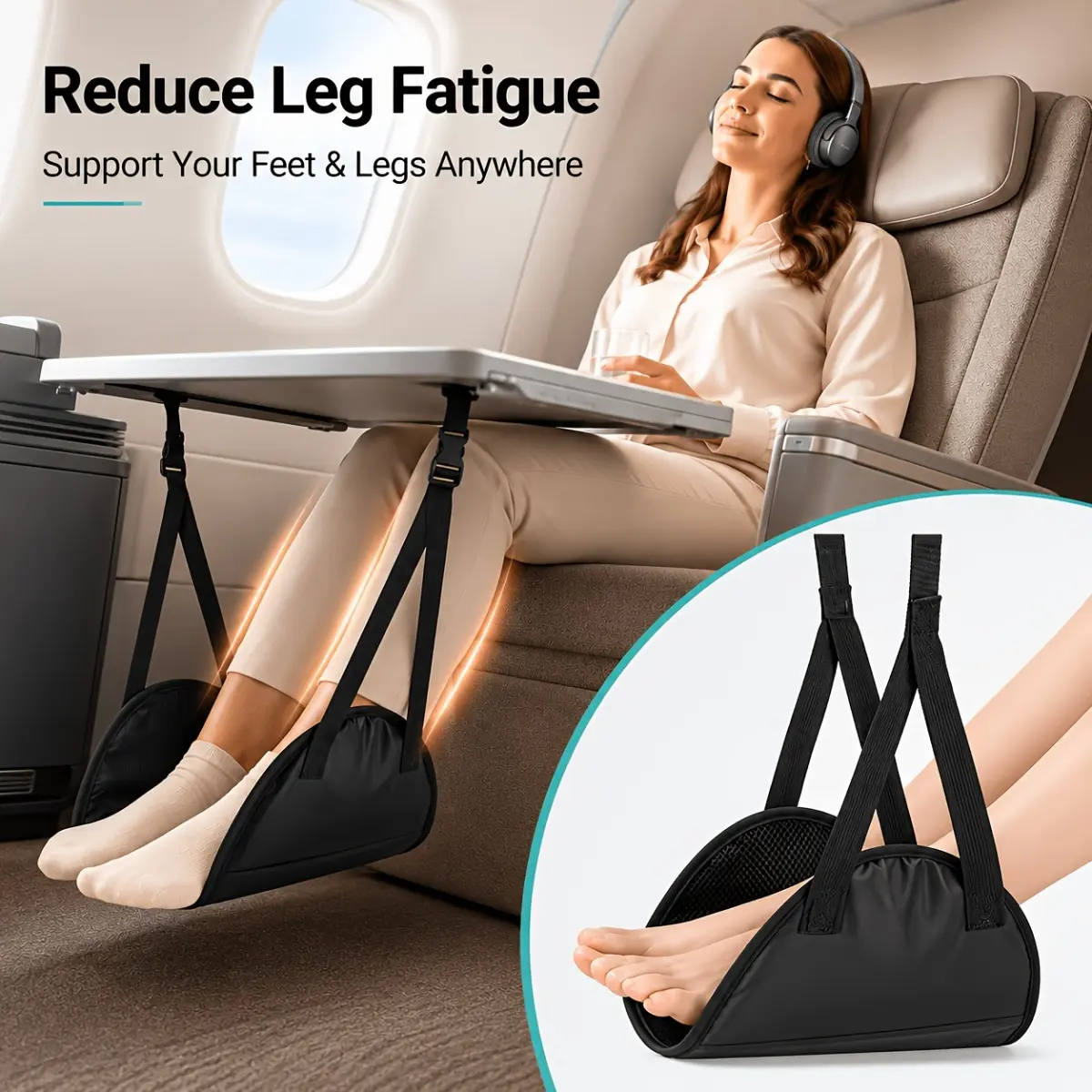 Portable Airplane Footrest Travel Foot Hammock Memory Foam Foot Rest Pillow No Swelling Flat Board Design Adjustable Strap Base Weight Capacity for Flight Train Long Haul Trips Relax Muscle Fatigue Travel Essentials Accessories