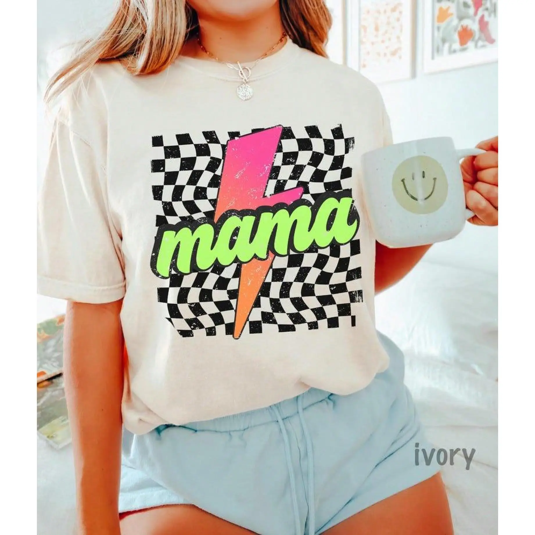 [100% Cotton] TaggedThreads Retro Checkered Mom, Mothers Day  Neon Mama Shirt, Checkered Mama Shirt, Lightning Shirt,  For Mom, Mom Shirt, Co menswear
