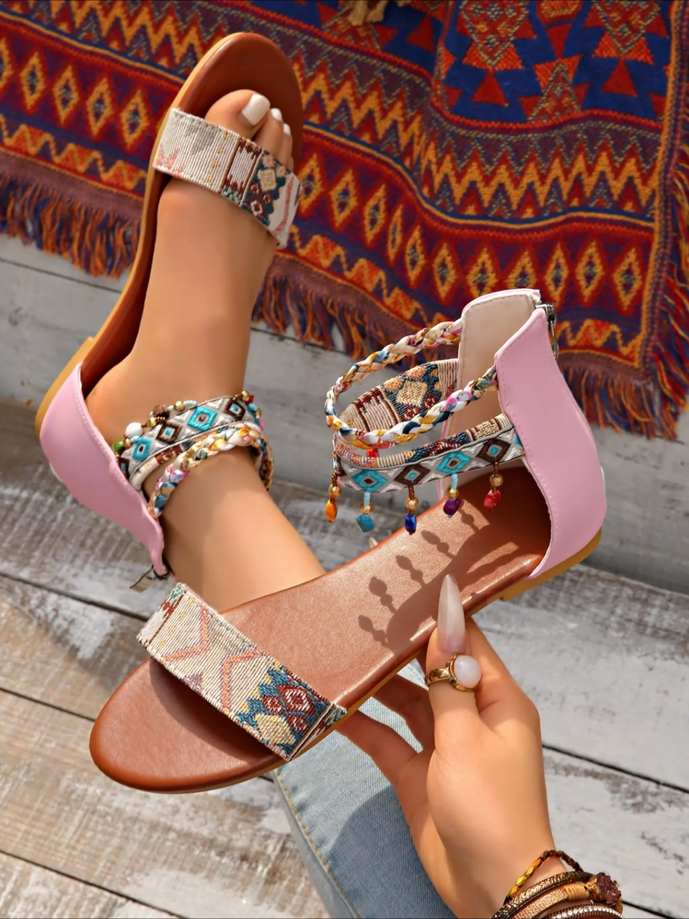 Women's Boho Ethnic Print Beaded Tassel Ankle Strap Flat Sandals, Side Zipper Open Toe Casual Shoes, Soft Anti-Slip Sole Footwear for Summer Beach Festival Daily Vacation Wear