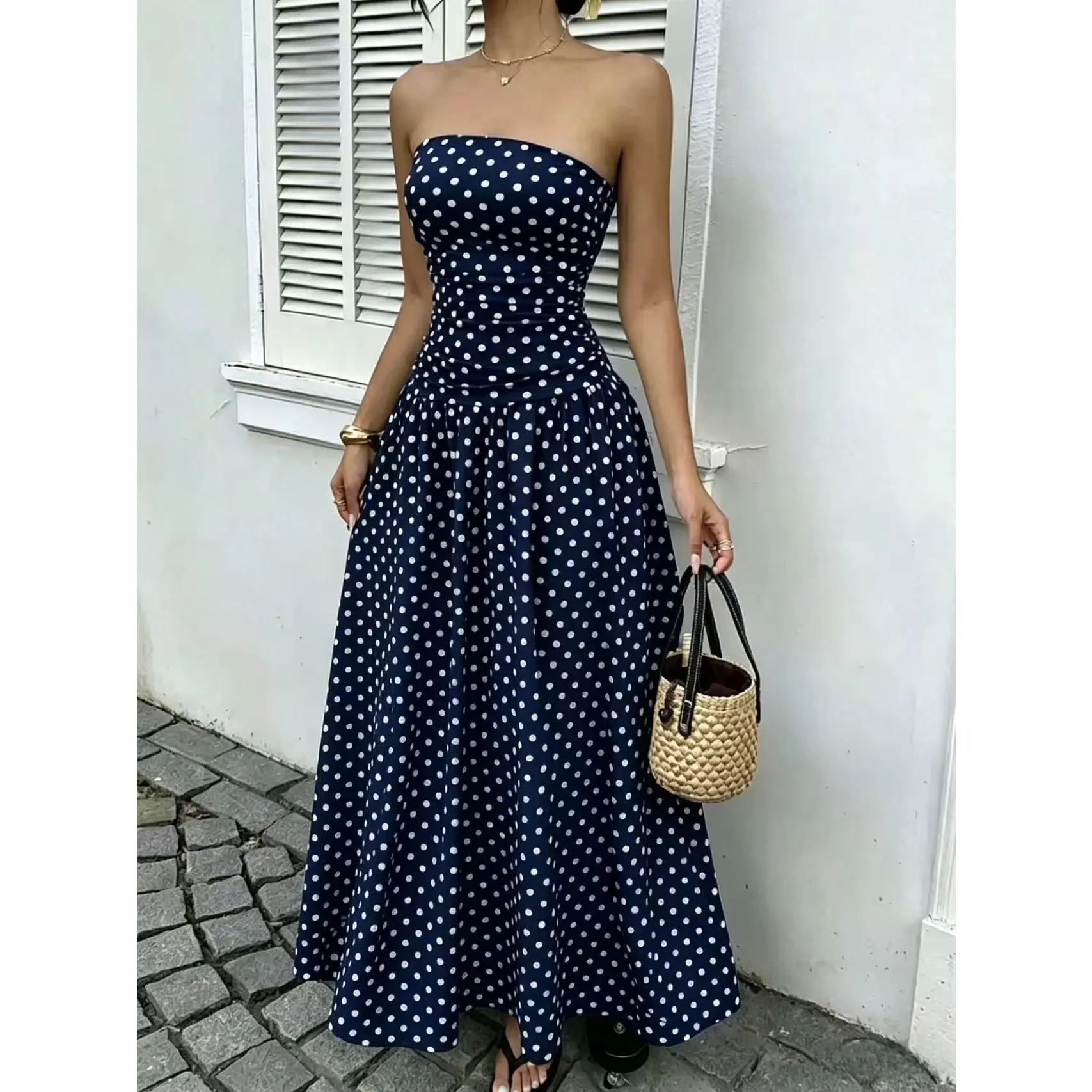 Flattering Empire Waist Polka Dot Maxi | Sleeveless Long Dress with Flowy Sunflower Skirt