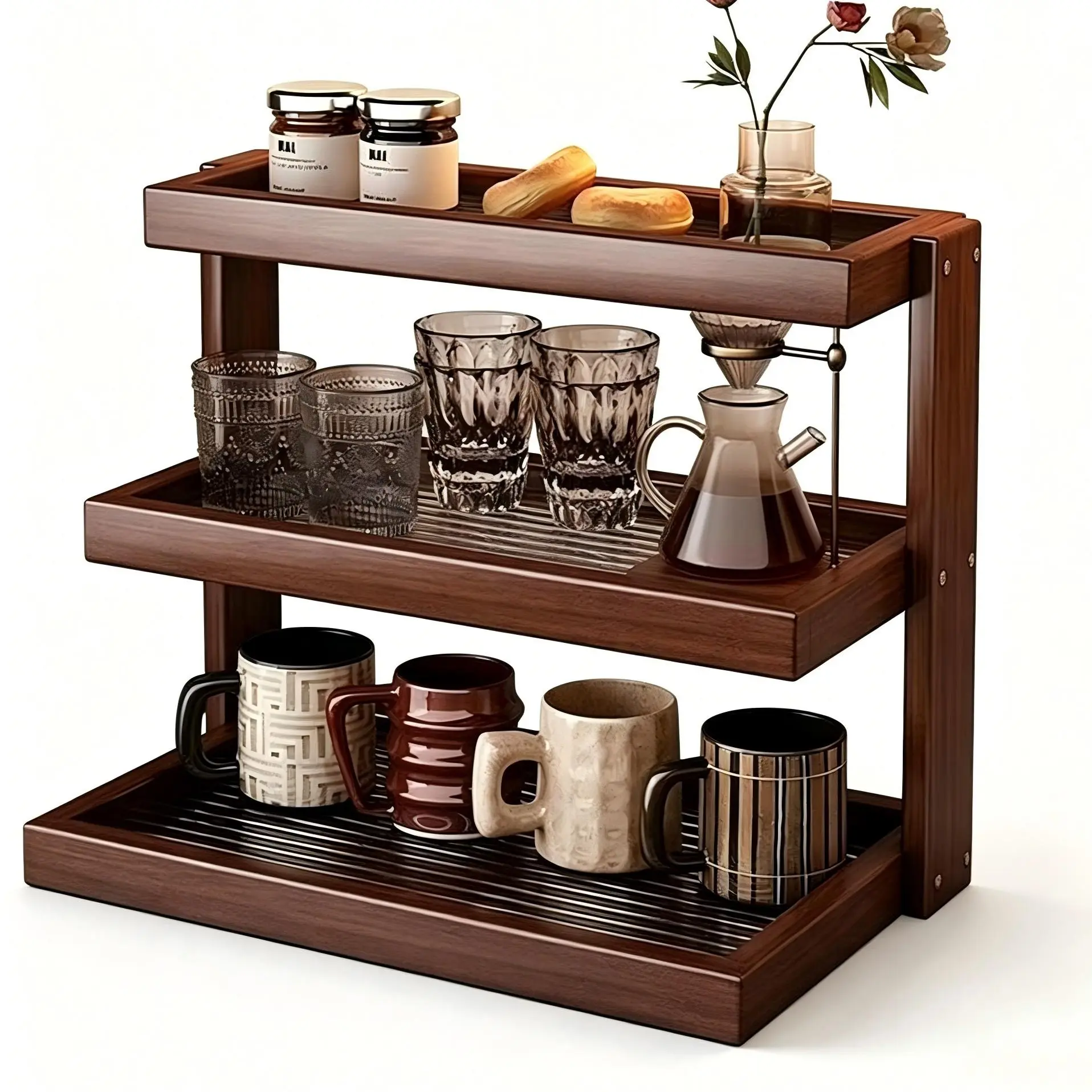 Wooden Countertop Mug Rack, 3-Tier Coffee Cup Holder, Mug Display Stand, Coffee Cup Organizer, Coffee Bar Organization, Suitable for Coffee Station, Kitchen Cabinet, Home