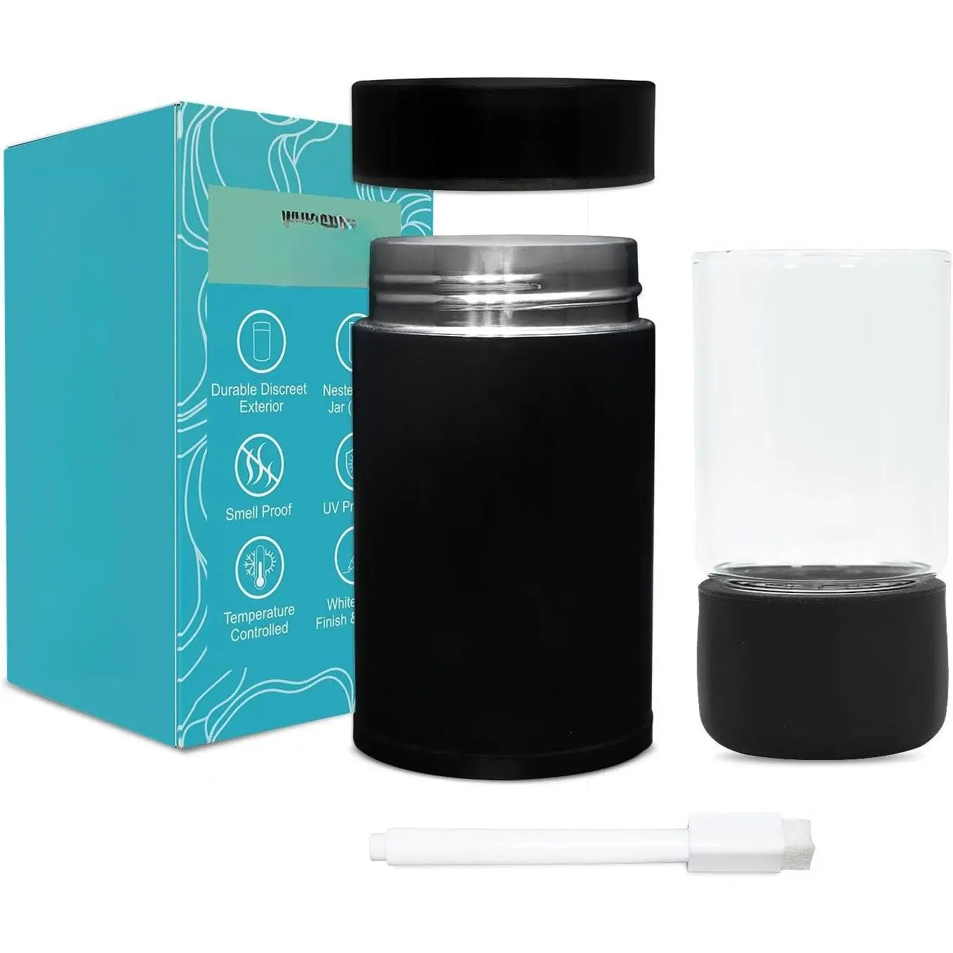 Mini Airtight Storage Container - Vacuum Sealed Insulated w Nested Glass Jar - UV Protection, Temperature Controlled Stainless - Whiteboard Finish w Marker Included - 100 ml