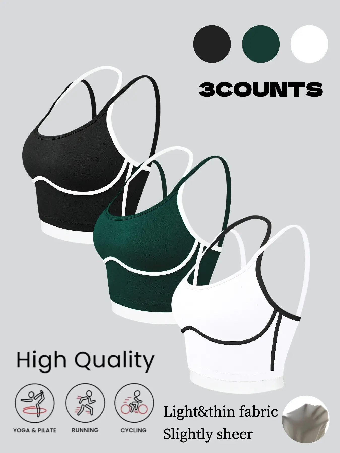 3 Pack Workout Sports Bras for Women, Medium Support Yoga Bra, Yoga Fitness Sportswear, Athleisure Bra, Sporty Bra, Colorblock Trim Cropped Tank Top for Gym Running Training, Sportswear